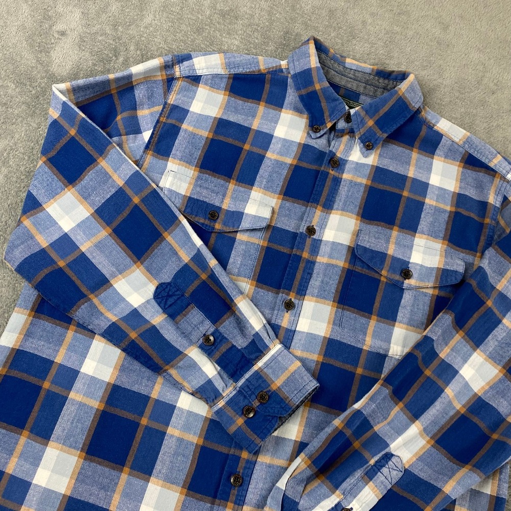 Woolrich Mens L Flannel Shirt Blue Tan Plaid Organic Cotton Modern Fit